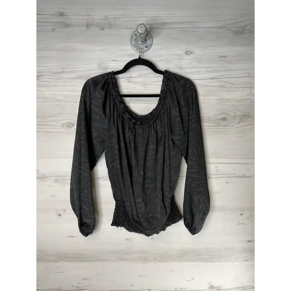 Michael Michael Kors Blouse Womens Medium Black Animal Print Smocked Long Sleeve